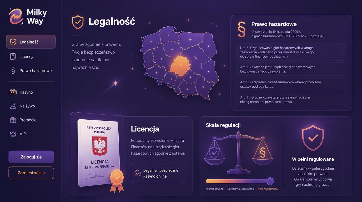 Mapa Polski z ikonami prawa hazardowego i symbolem licencji.