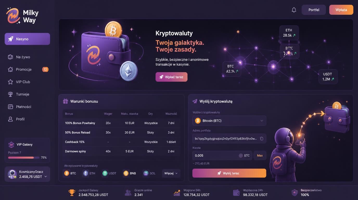 Portfel krypto, blockchain i warunki bonusu.