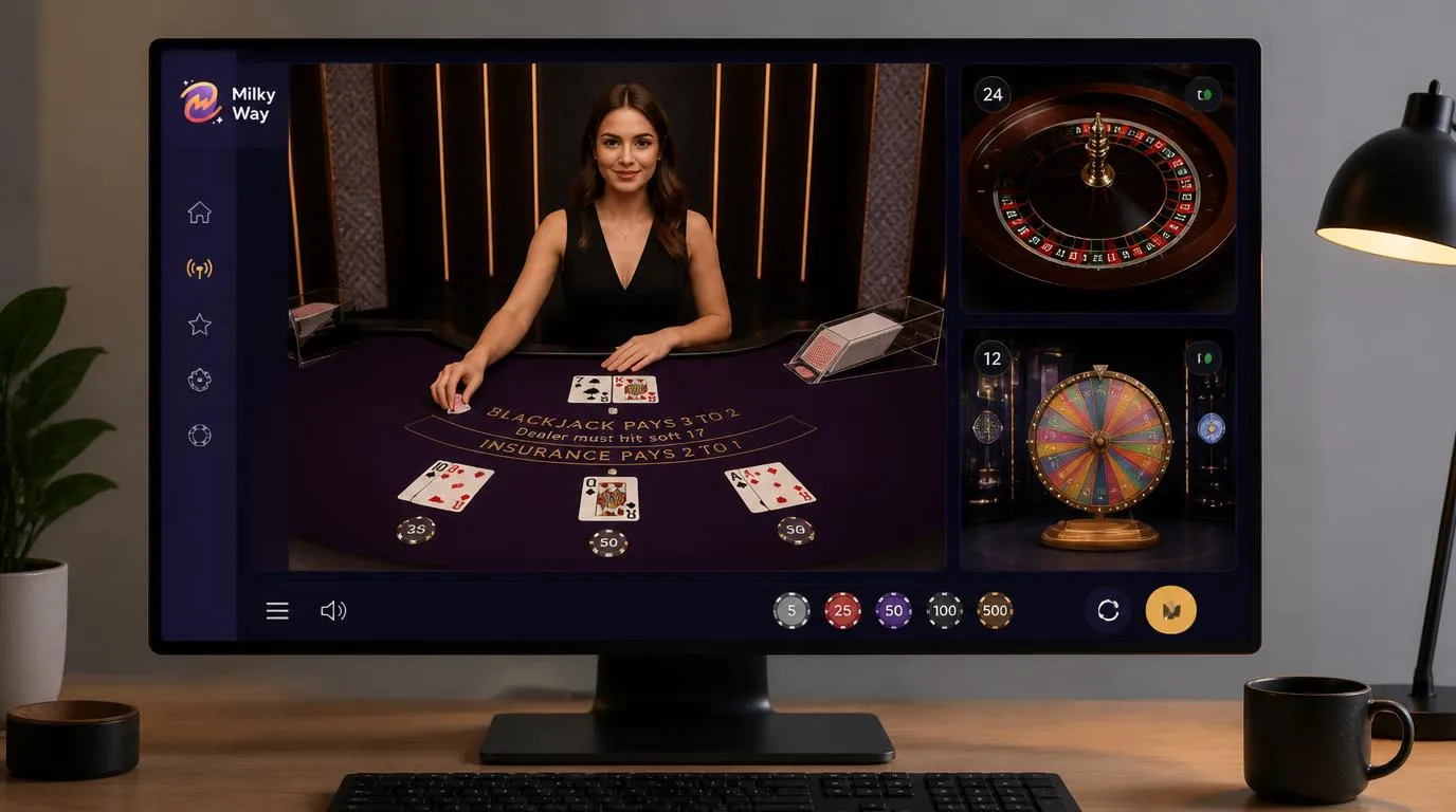 Ekran kasyna online z transmisją HD krupiera, stołem blackjacka i podglądem ruletki